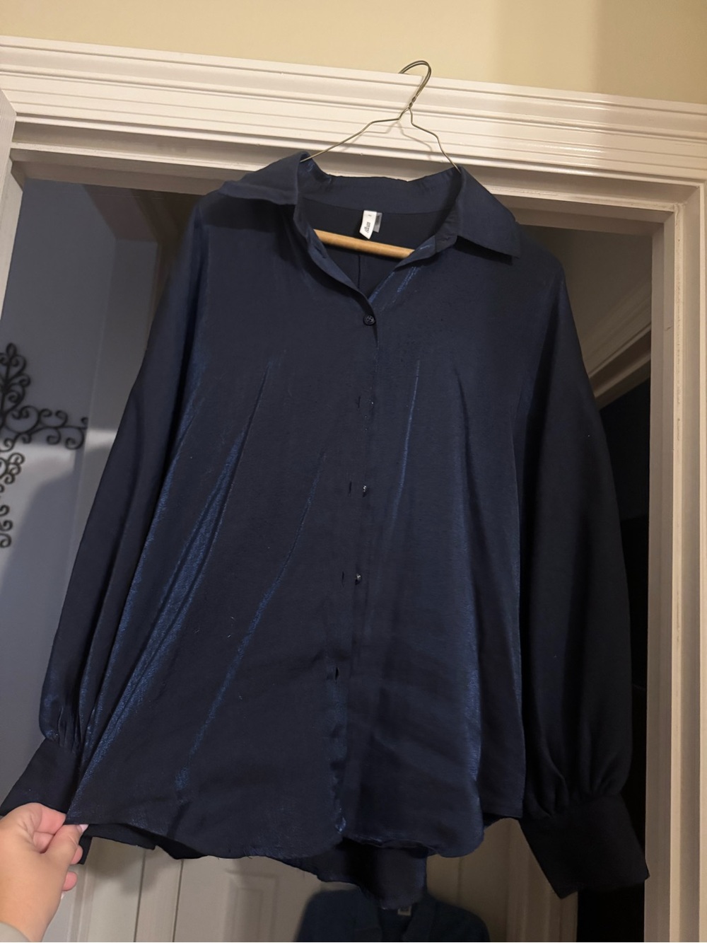 glam Navy Button-Down Satin-Look Blouse